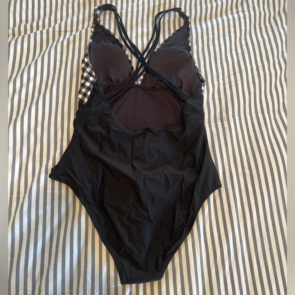 Black and White Gingham Ruched One Piece Swimsuit by Cupshe - Picture 7 of 8